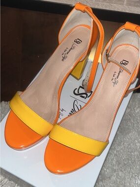 Women's Two-Tone Orange & Yellow Block Heel Sandals